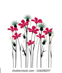 Pink flowers and thistles on a white background