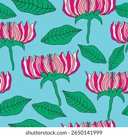 pink flowers with tints and shades with leaves on blue background seamless pattern. Colorful pink roses with green leaves seamless pattern. Good for fabric, textile, decorations, wrapping and more.