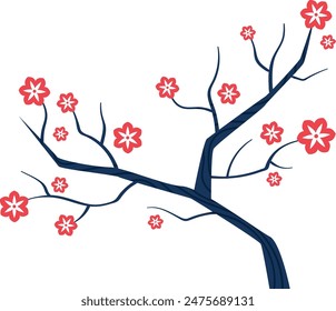 Pink flowers tree branch blossoms spring flora, seasonal nature concept vector illustration. Blooming cherry flowers tree branch red floral pattern isolated white background. Sakura blooming flower