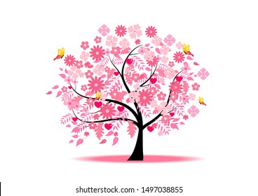 Pink flowers tree and  butterflies.Vector Illustration.