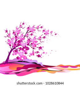 pink flowers tree, spring blossom,  on a white