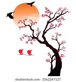 Pink Flowers tree Sunset and bird, board vector design home decoration