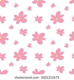 Pink flowers of various sizes scattered in a seamless pattern. Nature, decorative, charming