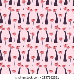 Pink flowers in a vase. Seamless pattern on a colored background. Vector illustration. For use in fabrics, textiles, shops, covers and prints, packaging, flyers and invitations.