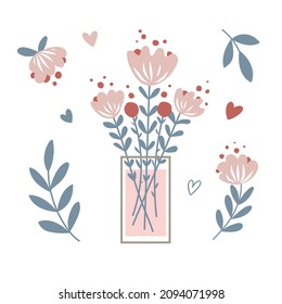 Pink Flowers. Vector set of floral elements with hand drawn flowers.