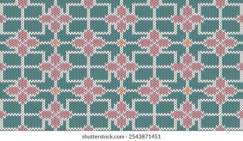 Pink flowers with white line on green knitted pattern, Festive Sweater Design. Seamless Knitted Pattern