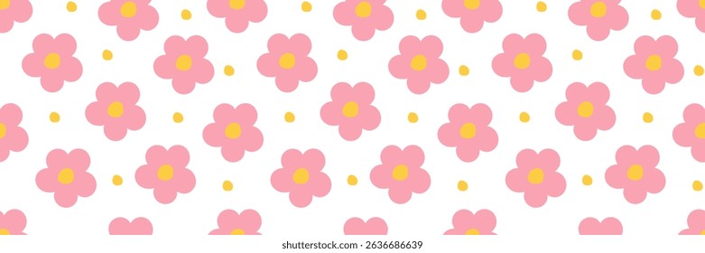 Pink flowers with yellow centers and small yellow dots seamless pattern. Flat vector illustration. Springtime and floral concept for design and print