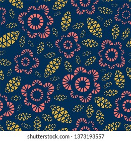 pink flowers and yellow leaves on dark blue. fancy lace elements