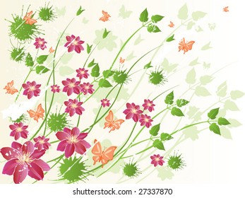 Pink flowers,leaves and a spring floral background.