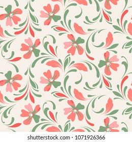 Pink flowery pattern. Floral seamless background for textile, wallpapers, wrapping, paper. Flowers and swirls.