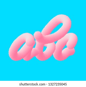 Pink fluffy 3d letters a, b, c, isolated on blue background. Vector realistic illustration. 