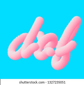 Pink fluffy 3d letters d, e, f, isolated on blue background. Vector realistic illustration. 
