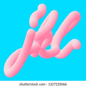 Pink fluffy 3d letters j, k, l, isolated on blue background. Vector realistic illustration. 