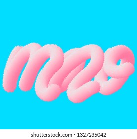 Pink fluffy 3d letters m, n, o, isolated on blue background. Vector realistic illustration. 