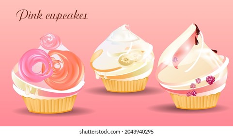 Pink fluffy cakes with pink cream. Vector illustration
