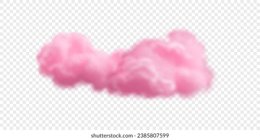 Pink fluffy cloud isolated on transparent backdrop. Cute bright sky cloud. Vector realistic icon