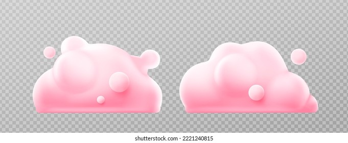 Pink fluffy clouds isolated on transparent background. Cute 3d shapes for sunset cloudy sky and weather icons, signs of meteorology or soap foam, vector illustration. 3D Illustration