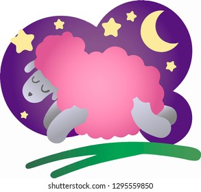 Pink fluffy cute lamb jumping on the green grass at night. Sheep jumping under the moon and stars. beautiful purple sky. Vector