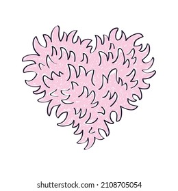 Pink fluffy fur, plumage feathers, or flower petals heart shape isolated hand drawn style vector illustration, tender romantic love symbol.