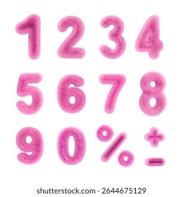 Pink fluffy numbers. Number signs furry fuzzy rose color cute type 3d vector set