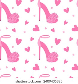 Pink fluffy shoe seamless pattern. Flat style barbiecore fluffy high heels vector pattern