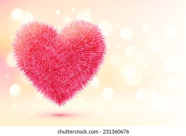 Pink fluffy vector heart on shining bokeh background