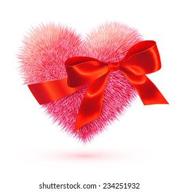 Pink fluffy vector heart with red silky bow
