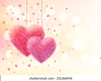 Pink fluffy vector hearts pair on light bokeh background