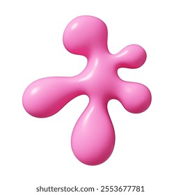 Pink fluid splash with rounded edges created in 3D cartoon vector. Glossy abstract blob shape with smaller droplets resembles paint drop or liquid spill. Smooth design form with shiny surface.