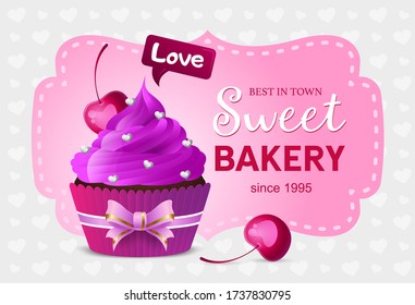 Pink flyer, sweet pastries, homemade desserts, sweets. Suitable for advertising poster, label, menu for cafes and restaurants. cupcake with purple icing and cherry berry