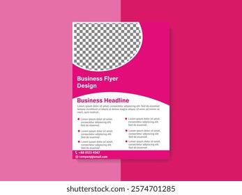 Pink flyer with a white background and a black and white checkered border