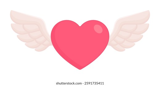 Pink flying heart with angel wings. Love, romance, and Valentine's Day concept. Flat vector illustration isolated on white background