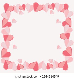 Pink flying hearts in the form of a frame .Vector illustration. Paper decorations for Valentine's Day.