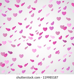 Pink flying hearts on white background. Vector holiday pattern