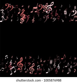 Pink flying musical notes border isolated on black backdrop. Red musical notation symphony signs, notes for sound and tune music. Vector symbols for melody recording, prints and back layers.