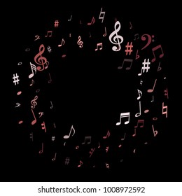 Pink flying musical notes isolated on black backdrop. Magenta musical notation symphony signs, notes for sound and tune music. Vector symbols for melody recording, prints and back layers.