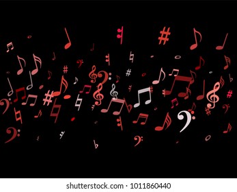 Pink flying musical notes isolated on black background. Cute musical notation symphony signs, notes for sound and tune music. Vector symbols for melody recording, prints and back layers.