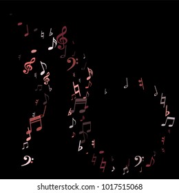 Pink flying musical notes isolated on black background. Red musical notation symphony signs, notes for sound and tune music. Vector symbols for melody recording, prints and back layers.