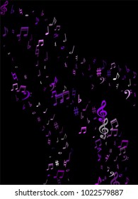 Pink flying musical notes isolated on black background. Fresh musical notation symphony signs, notes for sound and tune music. Vector symbols for melody recording, prints and back layers.