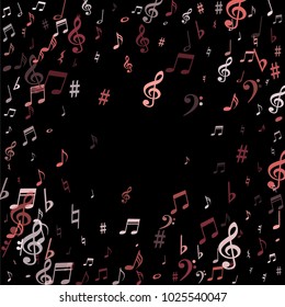 Pink flying musical notes isolated on black background. Stylish musical notation symphony signs, notes for sound and tune music. Vector symbols for melody recording, prints and back layers.