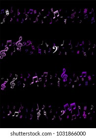 Pink flying musical notes isolated on black background. Purple musical notation symphony signs, notes for sound and tune music. Vector symbols for melody recording, prints and back layers.