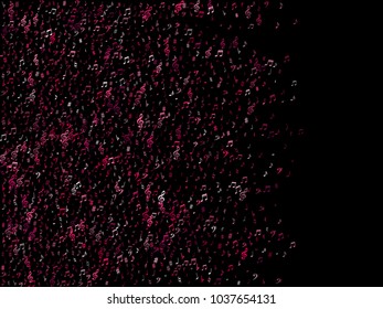 Pink flying musical notes isolated on black background. Fresh musical notation symphony signs, notes for sound and tune music. Vector symbols for melody recording, prints and back layers.