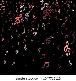 Pink flying musical notes isolated on black backdrop. Cute musical notation symphony signs, notes for sound and tune music. Vector symbols for melody recording, prints and back layers.