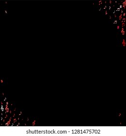 Pink flying musical notes isolated on black background. Red musical notation symphony signs, notes for sound and tune music. Vector symbols for melody recording, prints and back layers.