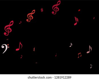 Pink flying musical notes isolated on black background. Magenta musical notation symphony signs, notes for sound and tune music. Vector symbols for melody recording, prints and back layers.