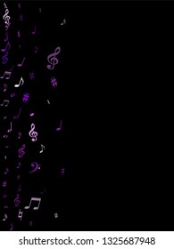 Pink flying musical notes isolated on black background. Purple musical notation symphony signs, notes for sound and tune music. Vector symbols for melody recording, prints and back layers.