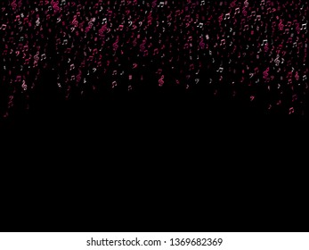 Pink flying musical notes isolated on black backdrop. Stylish musical notation symphony signs, notes for sound and tune music. Vector symbols for melody recording, prints and back layers.