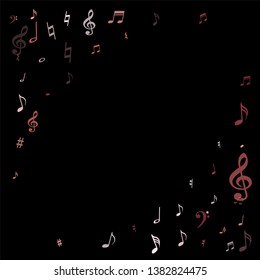 Pink flying musical notes isolated on black background. Fresh musical notation symphony signs, notes for sound and tune music. Vector symbols for melody recording, prints and back layers.