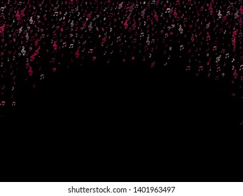 Pink flying musical notes isolated on black backdrop. Stylish musical notation symphony signs, notes for sound and tune music. Vector symbols for melody recording, prints and back layers.