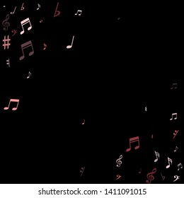 Pink flying musical notes isolated on black backdrop. Magenta musical notation symphony signs, notes for sound and tune music. Vector symbols for melody recording, prints and back layers.
